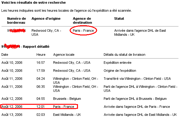 Suivi en ligne d'un envoi par DHL qui a comme point d'arrivée 'Paris' et qui est passé par Paris avant de repartir en Angleterre