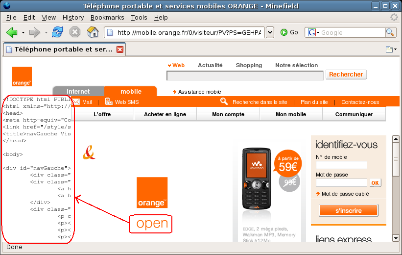 Page d'accueil du site orange.fr avec la frame de gauche dont on voit le HTML.